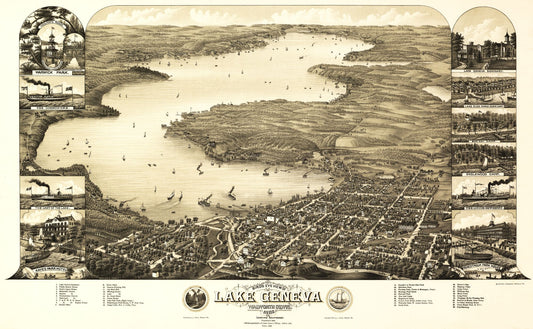 Historic Panoramic View - Lake Geneva Wisconsin - Poole 1882 - 37.22 x 23 - Vintage Wall Art