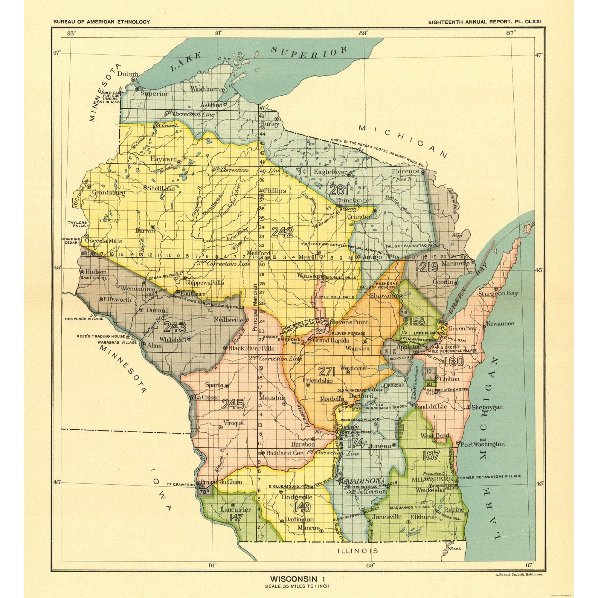 Historic State Map - Wisconsin - Lake Superior - Hoen 1896 - 23 x 25.0 ...