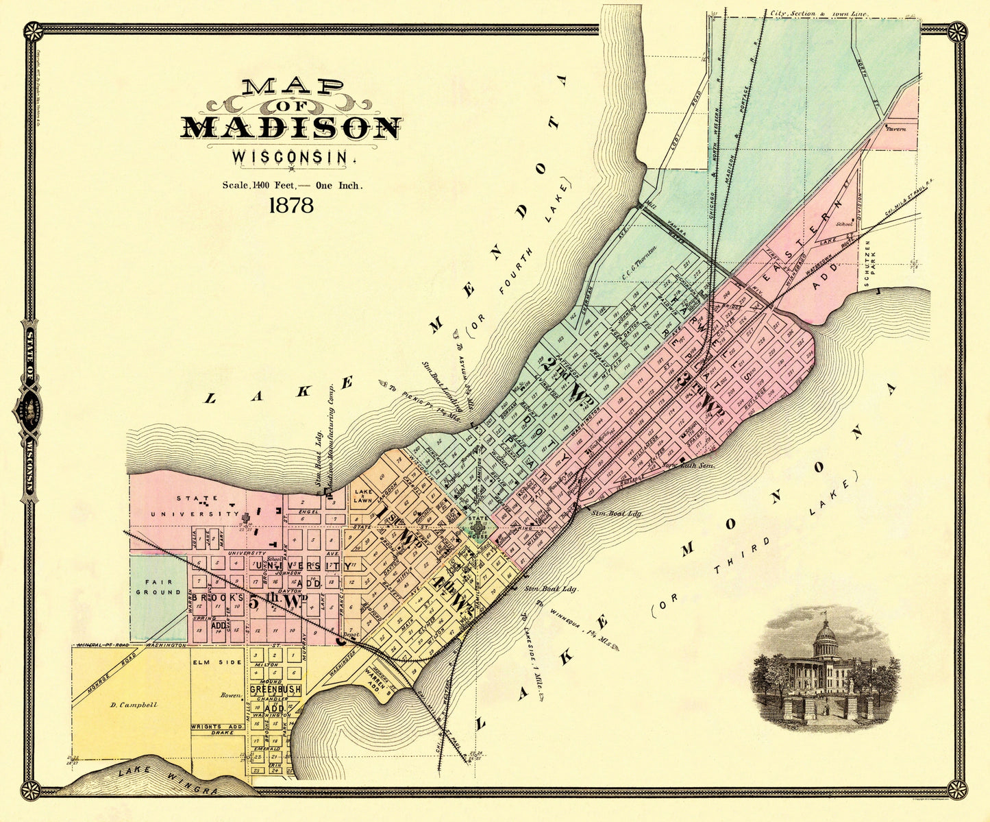 Historic City Map - Madison Wisconsin - Snyder 1878 - 27.75 x 23 - Vintage Wall Art