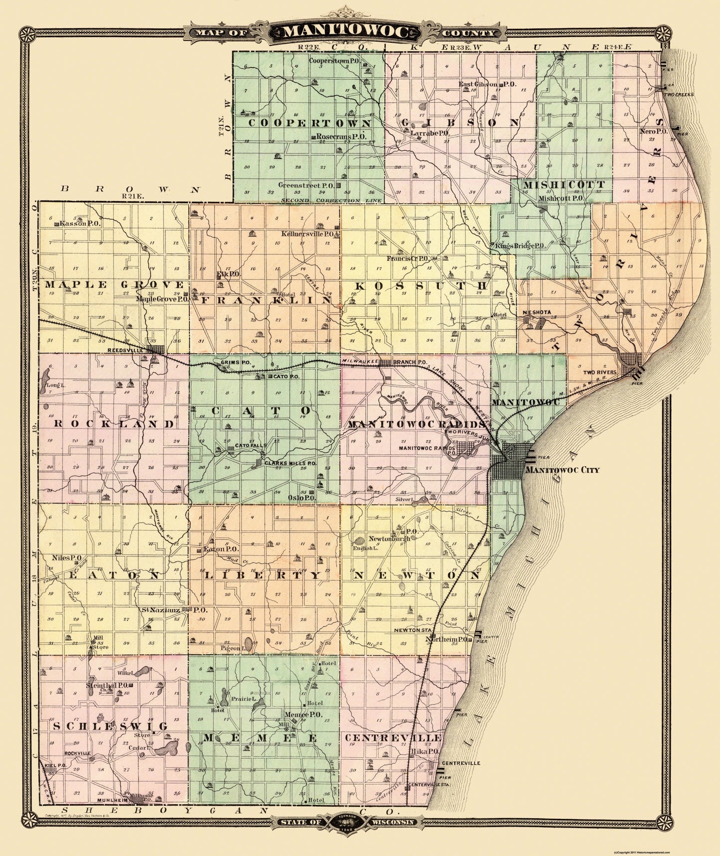 Historic County Map - Manitowoc County Wisconsin - Snyder 1878 - 23 x 27.38 - Vintage Wall Art