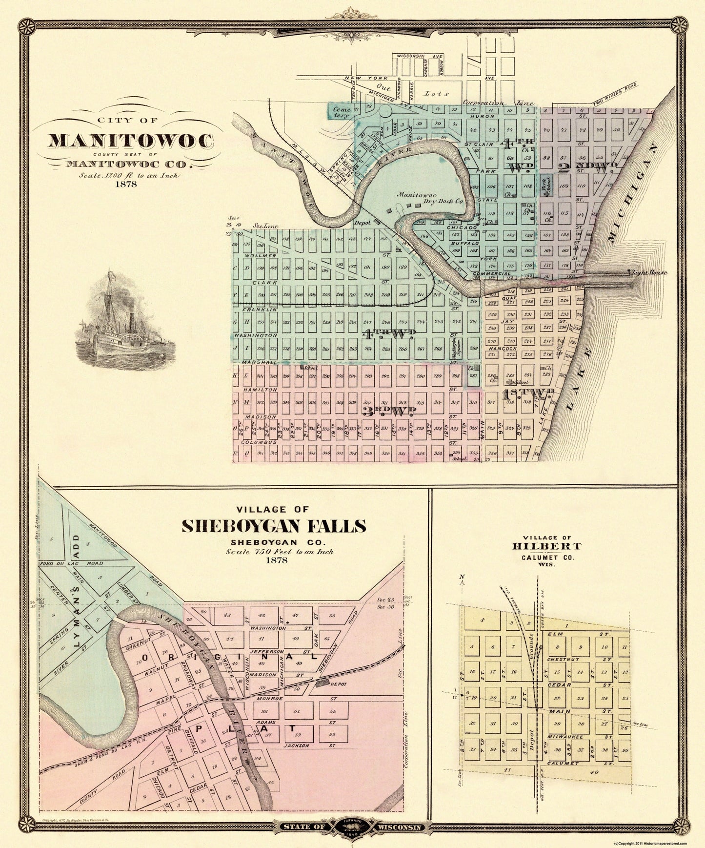 Historic City Map - Manitowoc Sheboygan Falls Wisconsin - Snyder 1878 - 23 x 27.63 - Vintage Wall Art