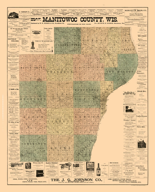 Historic County Map - Manitowoc County Wisconsin - Hixon 1902 - 23 x 28.50 - Vintage Wall Art