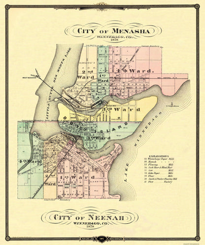 Historic City Map - Menasha Neenah Wisconsin - Snyder 1878 - 23 x 27.5 - Vintage Wall Art