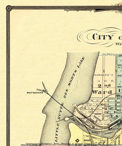 Historic City Map - Menasha Neenah Wisconsin - Snyder 1878 - 23 x 27.5 - Vintage Wall Art