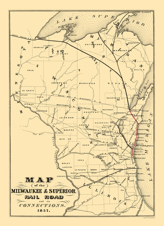 Railroad Map - Milwaukee and Superior Railroad - Nesbitt 1857 - 23 x 31 - Vintage Wall Art