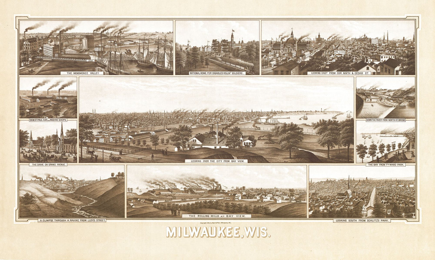 Historic Panoramic View - Milwaukee Wisconsin - Beck 1882 - 38.42 x 23 - Vintage Wall Art