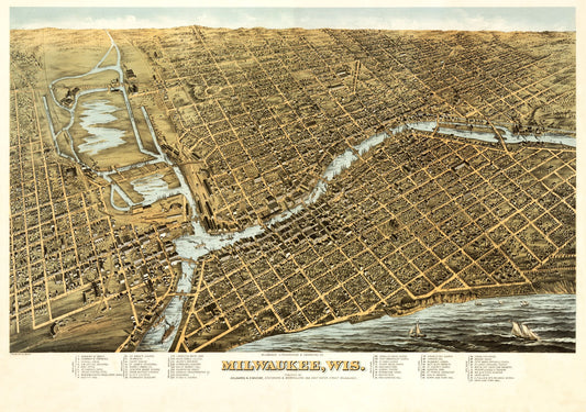 Historic Panoramic View - Milwaukee Wisconsin - Bailey 1872 - 32.66 x 23 - Vintage Wall Art