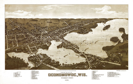 Historic Panoramic View - Oconomowoc Wisconsin - Norris 1885 - 36.33 x 23 - Vintage Wall Art