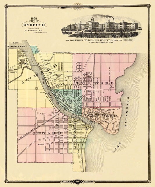 Historic City Map - Oshkosh Wisconsin - Snyder 1878 - 23 x 27.69 - Vintage Wall Art