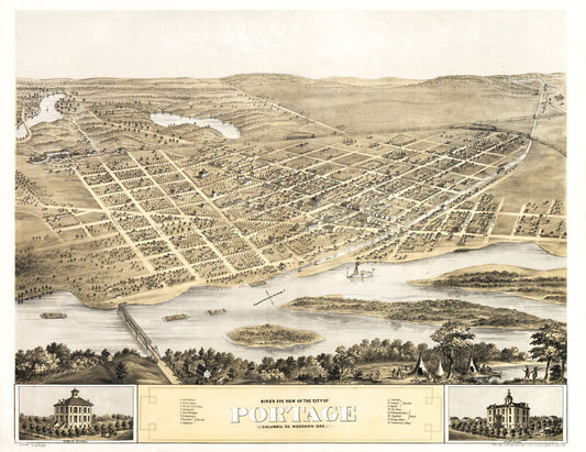 Historic Panoramic View - Portage Wisconsin - Ruger 1868 - 29.84 x 23 - Vintage Wall Art