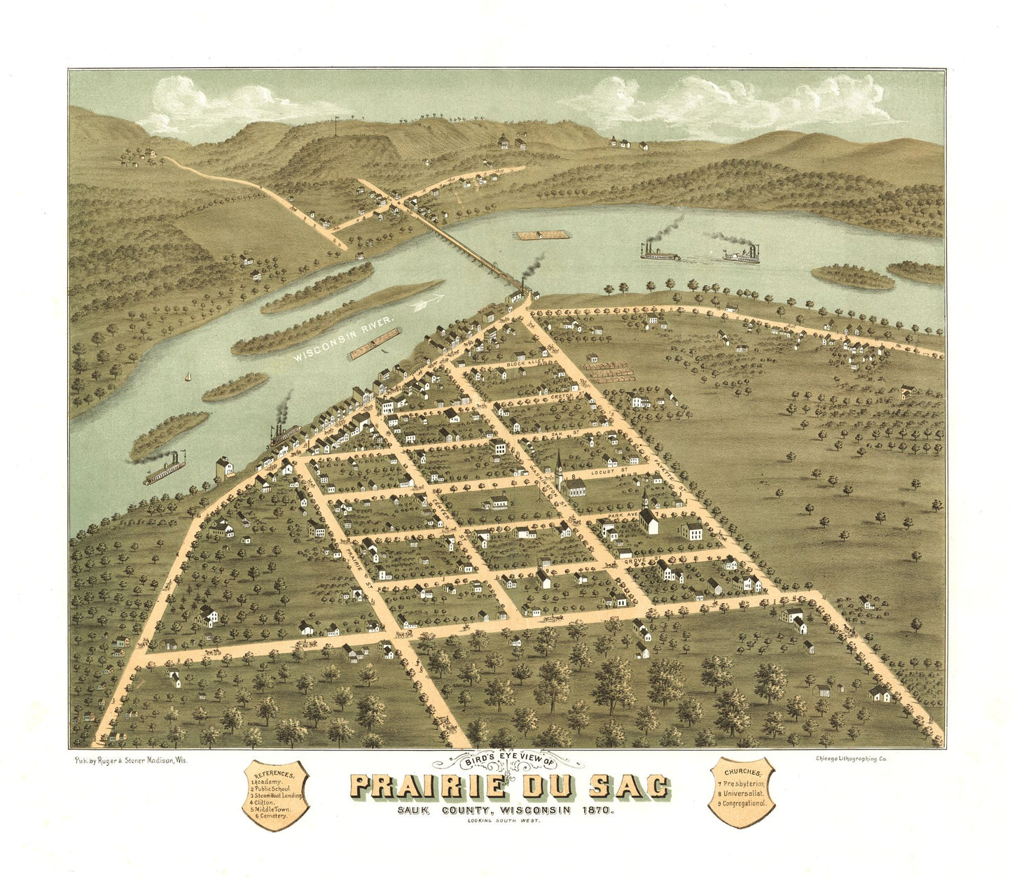 Historic Panoramic View - Prairie Du Sac Wisconsin - Ruger 1870 - 26.53 x 23 - Vintage Wall Art