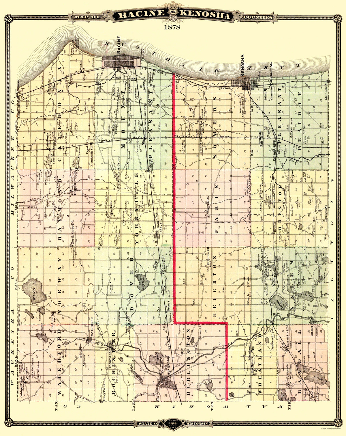 Historic County Map- Racine Kenosha Counties Wisconsin - Snyder 1878 ...