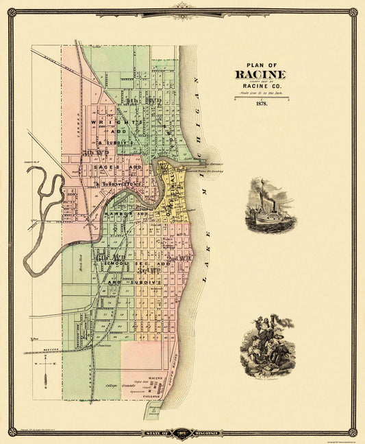 Historic City Map - Racine Wisconsin - Snyder 1878 - 23 x 27.94 - Vintage Wall Art