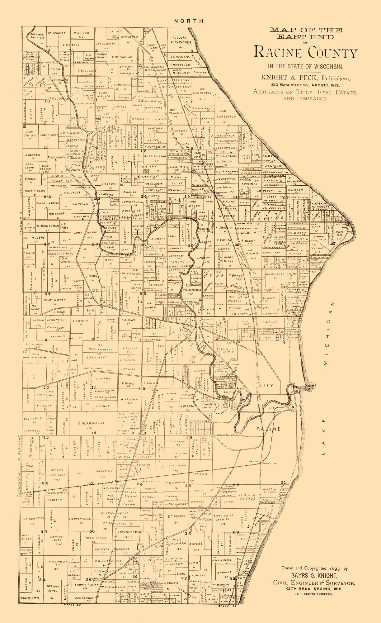 Historic County Map - Racine County Wisconsin - Knight 1893 - 23 x 37.57 - Vintage Wall Art