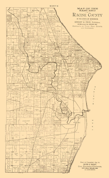 Historic County Map - Racine County Wisconsin - Knight 1893 - 23 x 37.57 - Vintage Wall Art