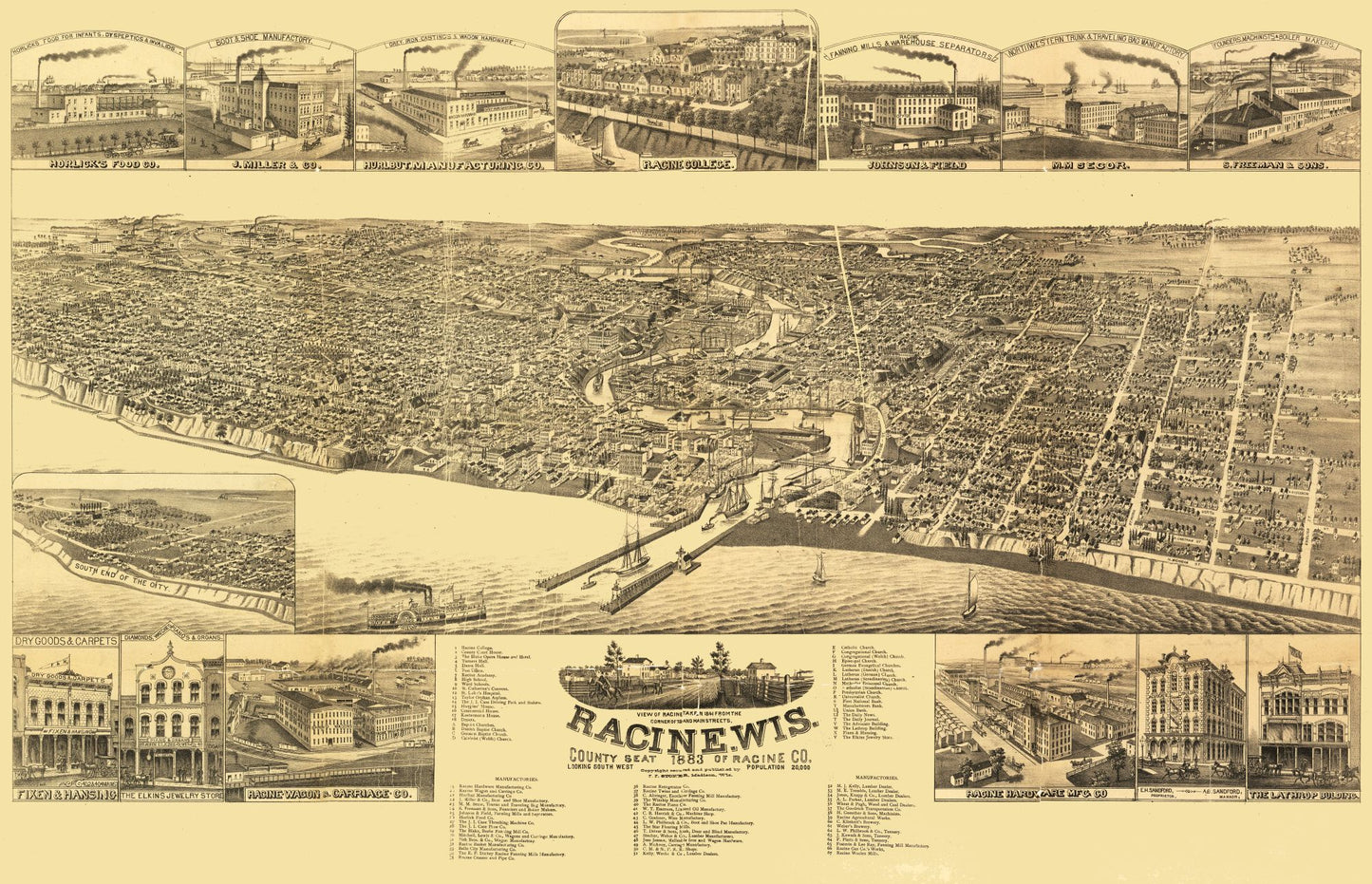 Historic Panoramic View - Racine Wisconsin - Stoner 1883 - 35.71 x 23 - Vintage Wall Art