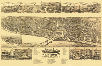 Historic Panoramic View - Racine Wisconsin - Stoner 1883 - 35.71 x 23 - Vintage Wall Art