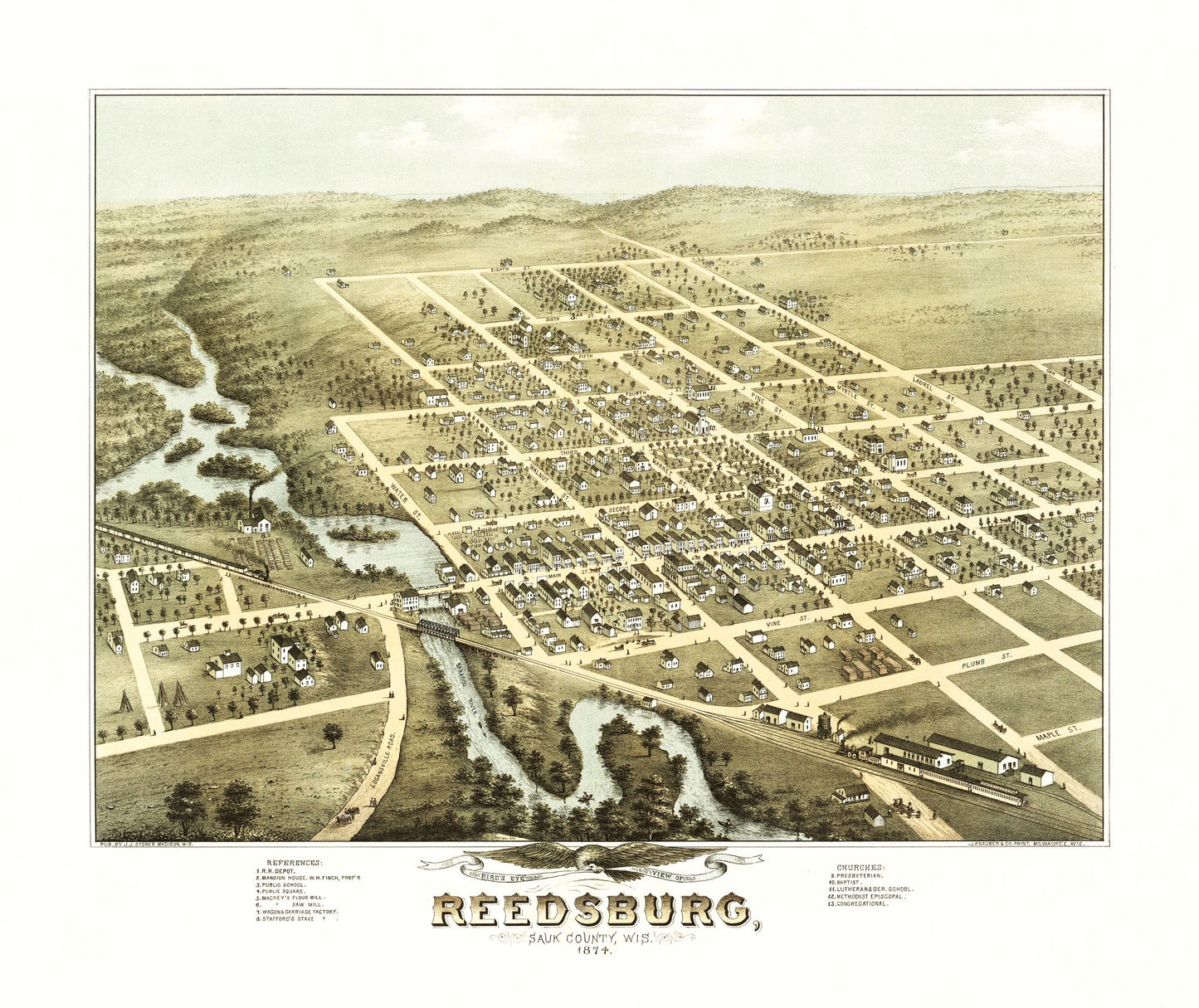 Historic Panoramic View - Reedsburg Wisconsin - Stoner 1874 - 27.37 x 23 - Vintage Wall Art