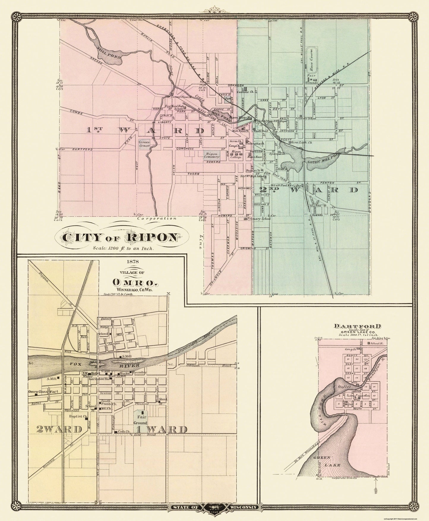 Historic City Map - Ripon Omro Dartford Wisconsin - Snyder 1878 - 23 x 27.94 - Vintage Wall Art