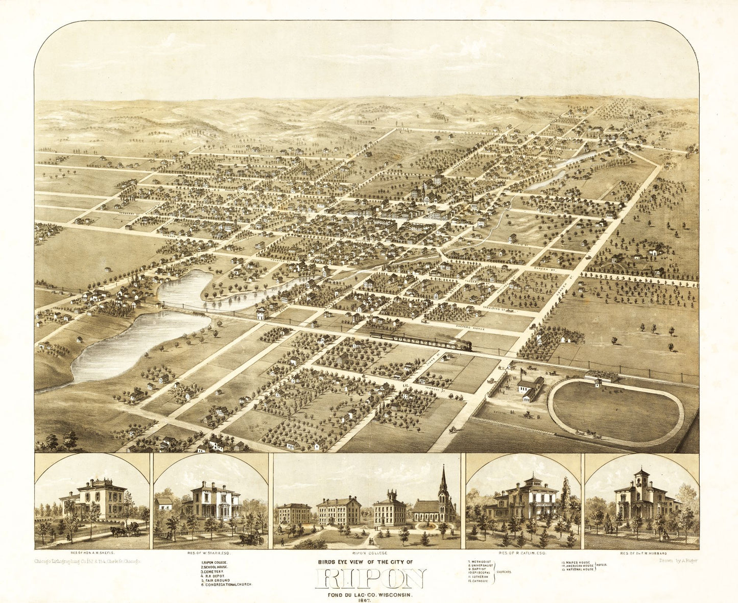 Historic Panoramic View - Ripon Wisconsin - Ruger 1867 - 28.13 x 23 - Vintage Wall Art