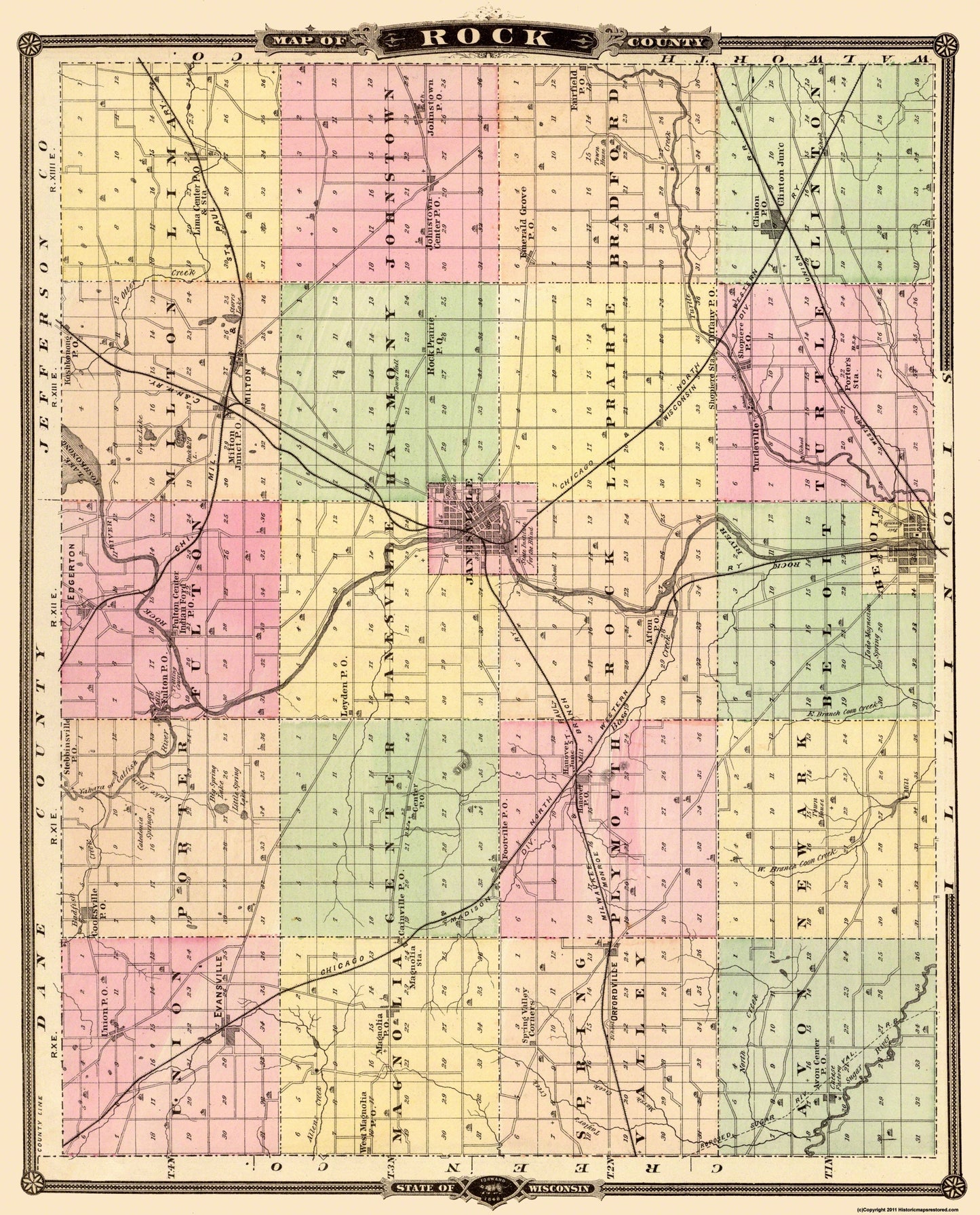 Historic County Map - Rock County Wisconsin - Snyder 1878 - 23 x 28.5 - Vintage Wall Art