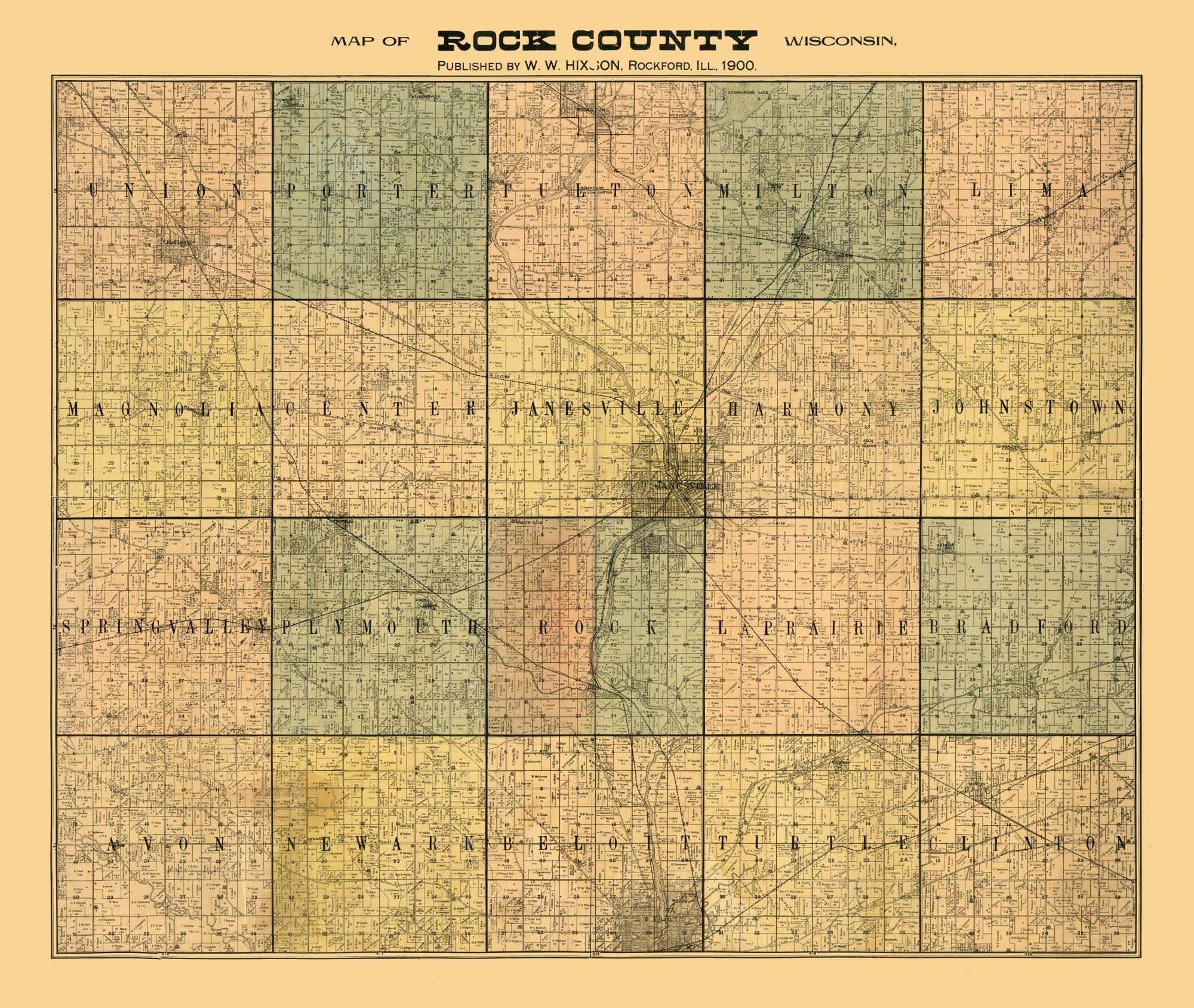 Historic County Map - Rock County Wisconsin - Hixon 1900 - 27.25 x 23 ...