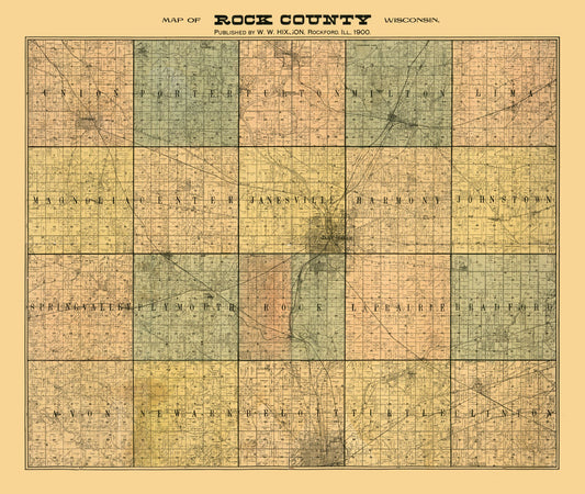 Historic County Map - Rock County Wisconsin - Hixon 1900 - 27.25 x 23 - Vintage Wall Art