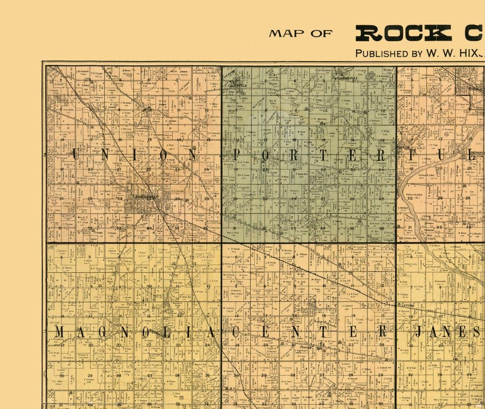 Historic County Map - Rock County Wisconsin - Hixon 1900 - 27.25 x 23 - Vintage Wall Art