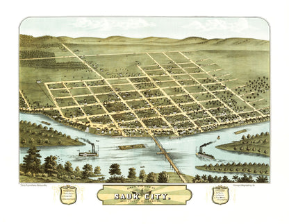 Historic Panoramic View - Sauk City Wisconsin - Ruger 1870 - 29.63 x 23 - Vintage Wall Art
