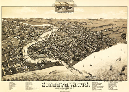 Historic Panoramic View - Sheboygan Wisconsin - Wellge 1885 - 32.42 x 23 - Vintage Wall Art