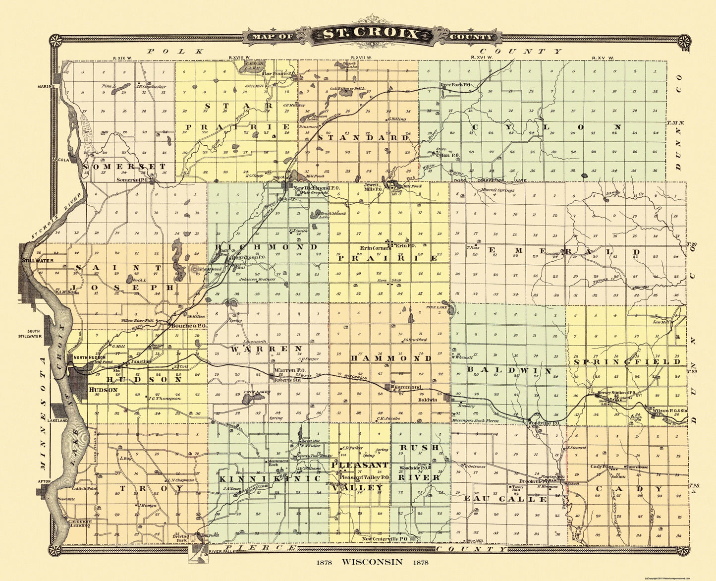 Historic County Map - St. Croix County Wisconsin - Snyder 1878 - 28.38 x 23 - Vintage Wall Art