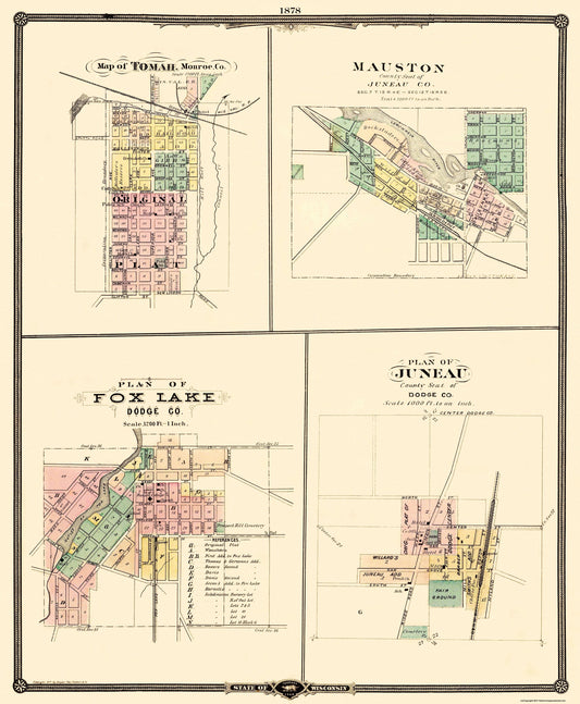 Historic City Map - Tomah Mauston Fox Lake Juneau Wisconsin - Snyder 1878 - 23 x 27.94 - Vintage Wall Art