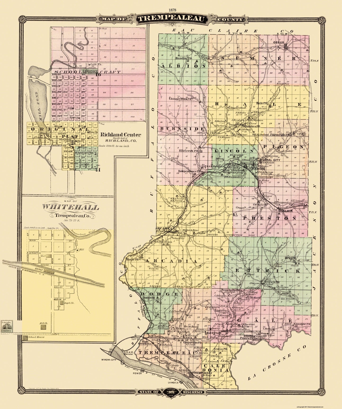 Historic County Map - Trempealeau County Wisconsin - Snyder 1878 - 23 x 27.5 - Vintage Wall Art