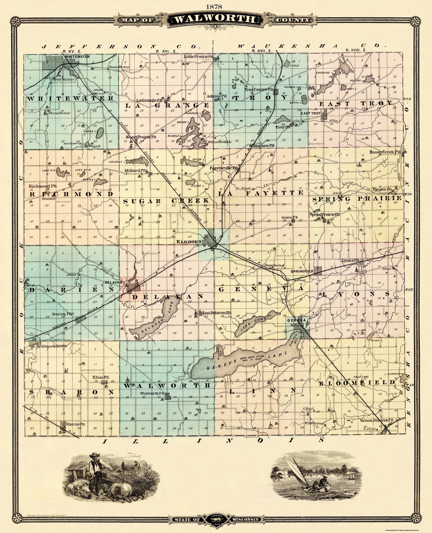 Historic County Map - Walworth County Wisconsin - Snyder 1878 - 23 x 28.38 - Vintage Wall Art