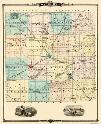 Historic County Map - Walworth County Wisconsin - Snyder 1878 - 23 x 28.38 - Vintage Wall Art