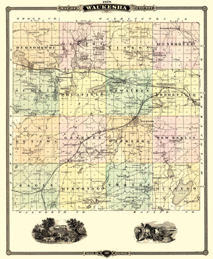 Historic County Map - Waukesha County Wisconsin - Snyder 1878 - 23 x 28 - Vintage Wall Art