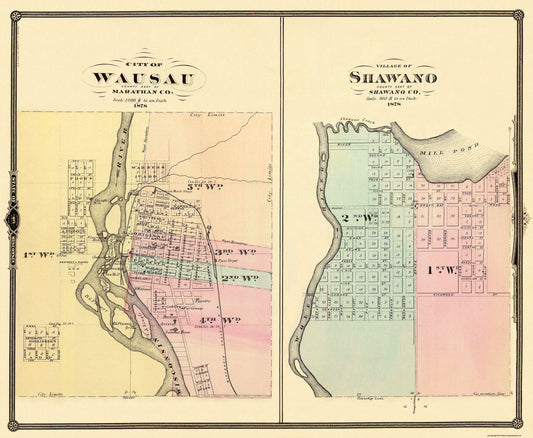 Historic City Map - Wausau Shawano Wisconsin - Snyder 1878 - 28 x 23 - Vintage Wall Art