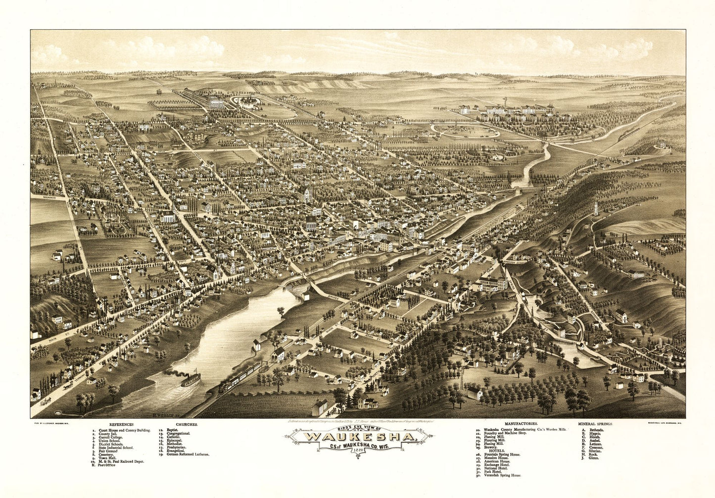 Historic Panoramic View - Waukesha Wisconsin - Stoner 1880 - 32.99 x 23 - Vintage Wall Art