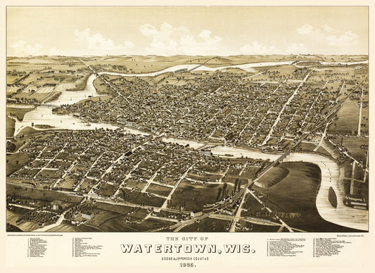 Historic Panoramic View - Watertown Wisconsin - Norris 1885 - 31.59 x 23 - Vintage Wall Art