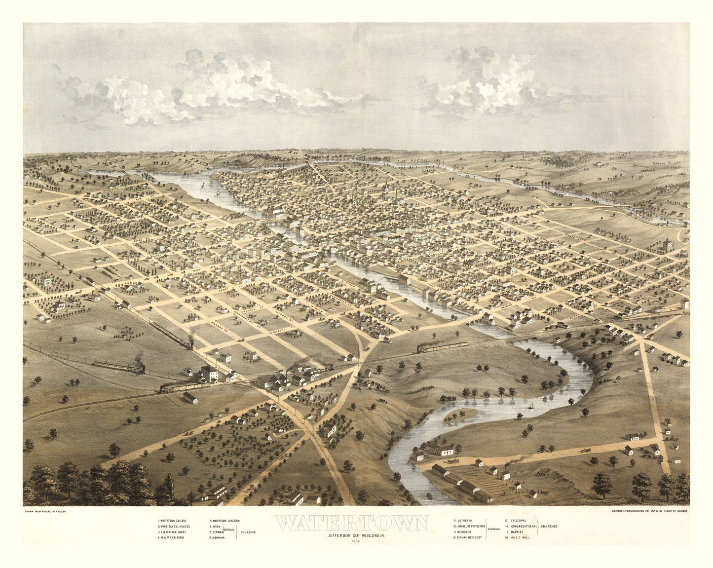 Historic Panoramic View - Watertown Wisconsin - Ruger 1867 - 28.87 x 23 - Vintage Wall Art