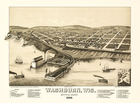 Historic Panoramic View - Washburn Wisconsin - Norris 1886 - 31.35 x 23 - Vintage Wall Art