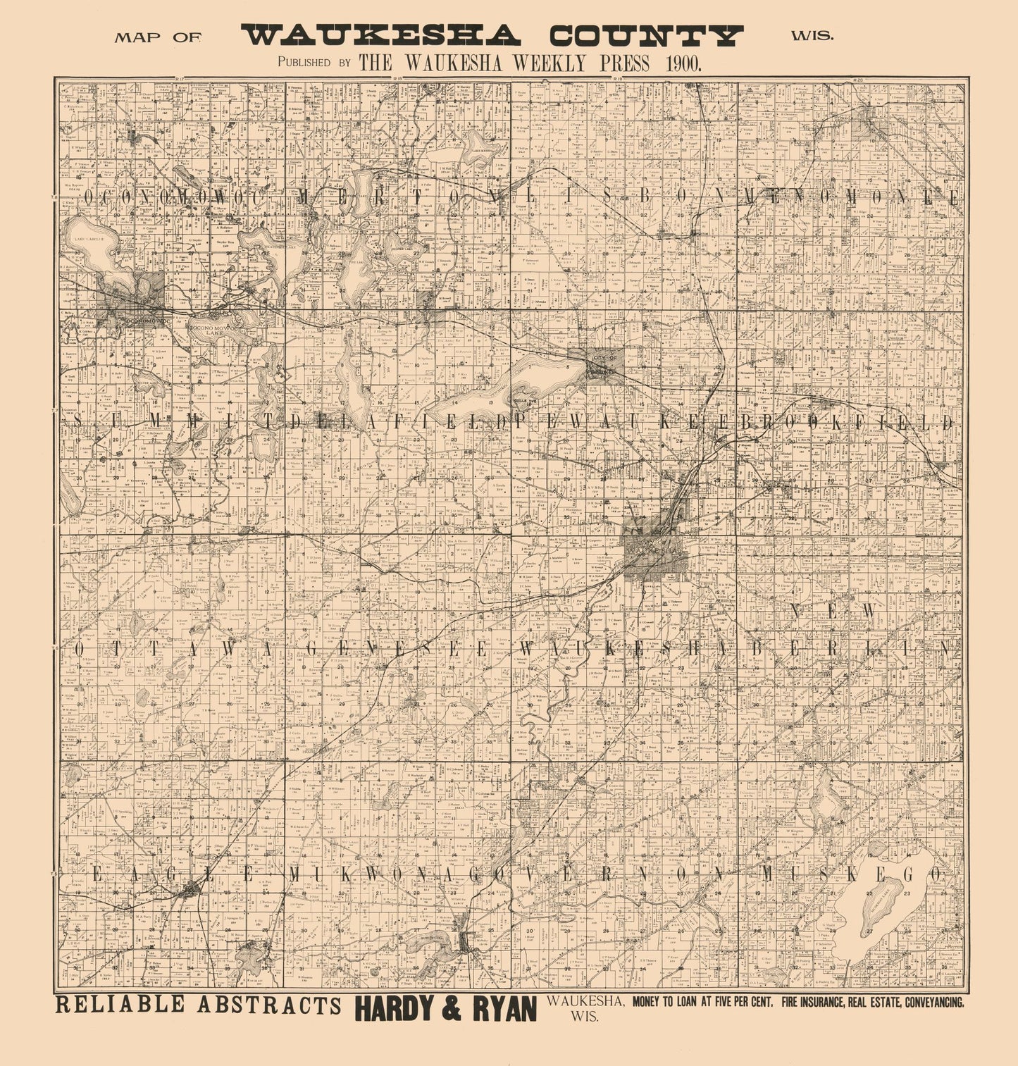 Historic County Map - Waukesha County Wisconsin - Hardy 1900 - 23 x 24.09 - Vintage Wall Art