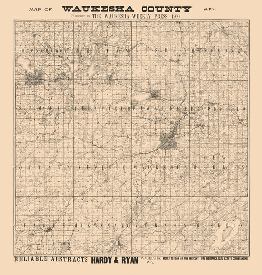 Historic County Map - Waukesha County Wisconsin - Hardy 1900 - 23 x 24.09 - Vintage Wall Art