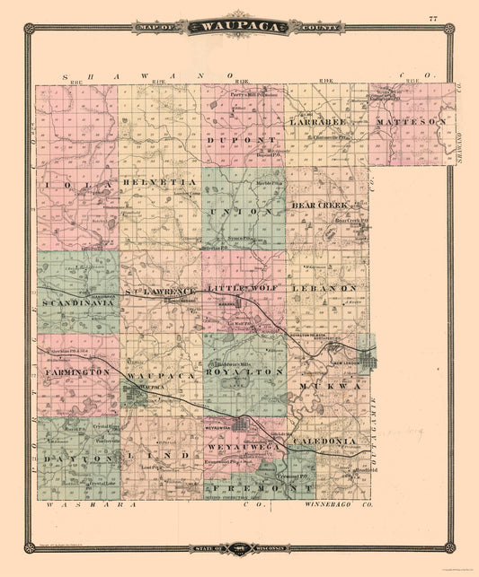 Historic County Map - Waupaca County Wisconsin - Snyder 1877 - 23 x 27.73 - Vintage Wall Art