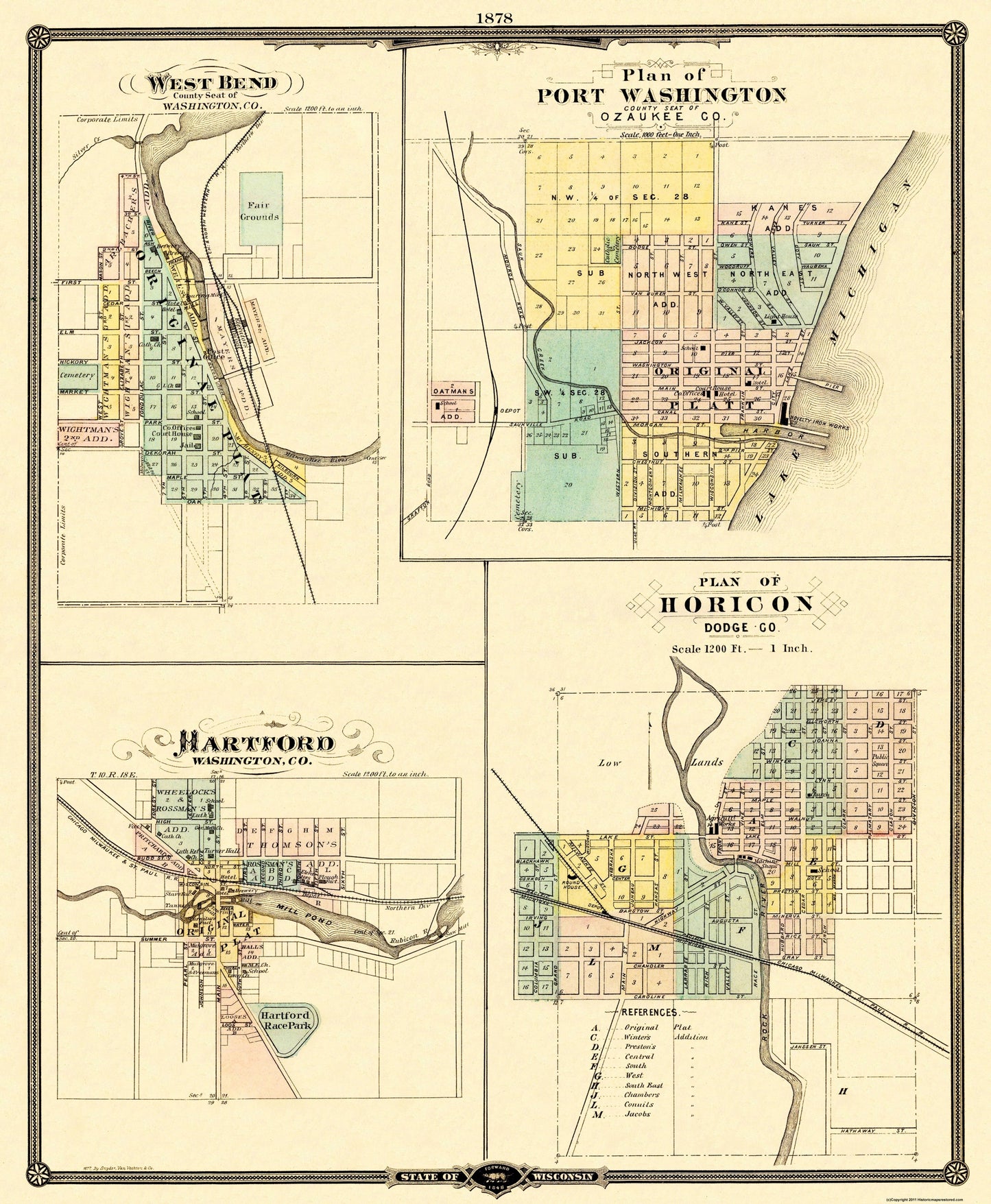 Historic City Map - West Bend Hartford Wisconsin - Snyder 1878 - 23 x 27.94 - Vintage Wall Art