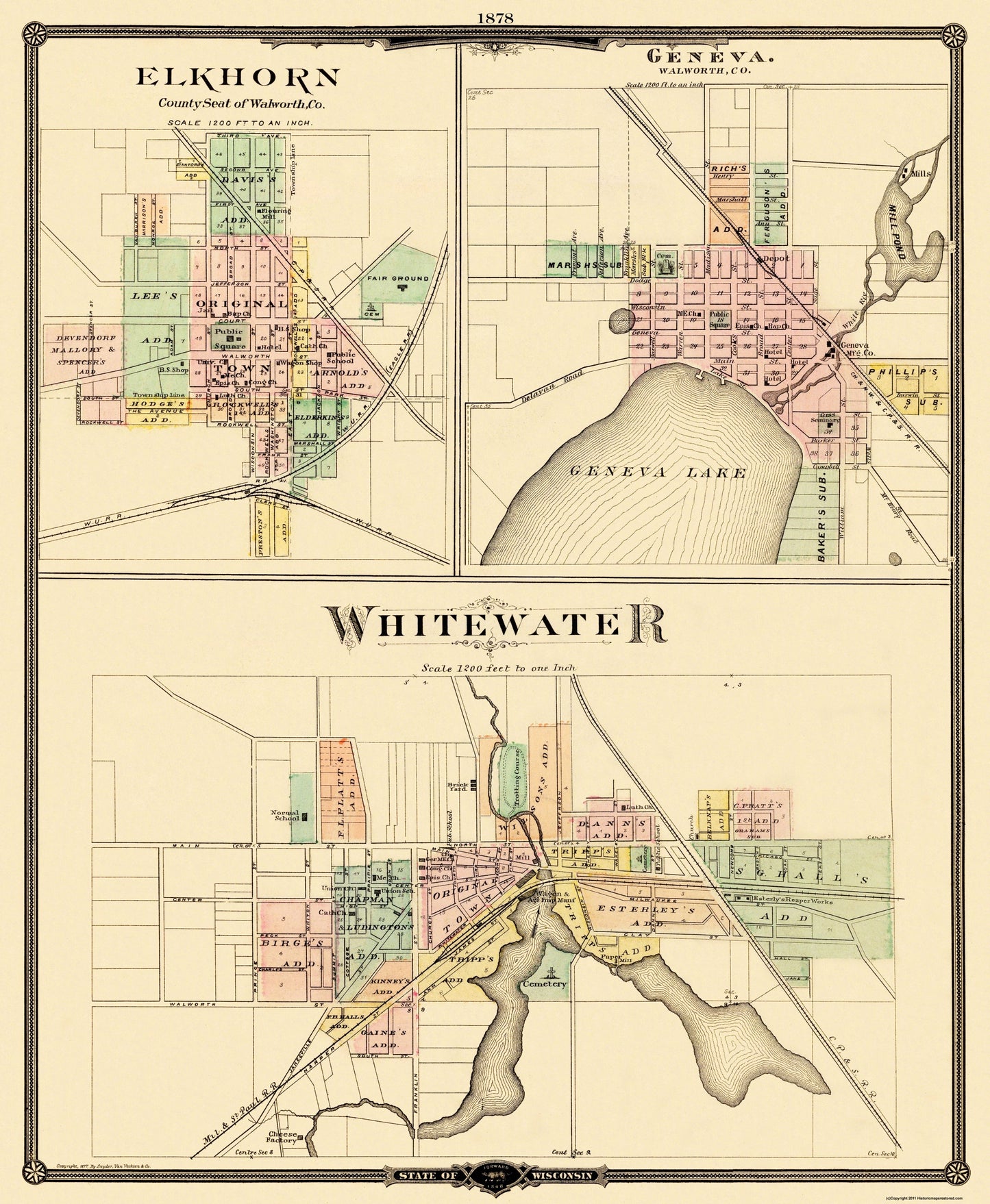 Historic City Map - Whitewater Elkhorn Geneva Wisconsin - Snyder 1878 - 23 x 28 - Vintage Wall Art