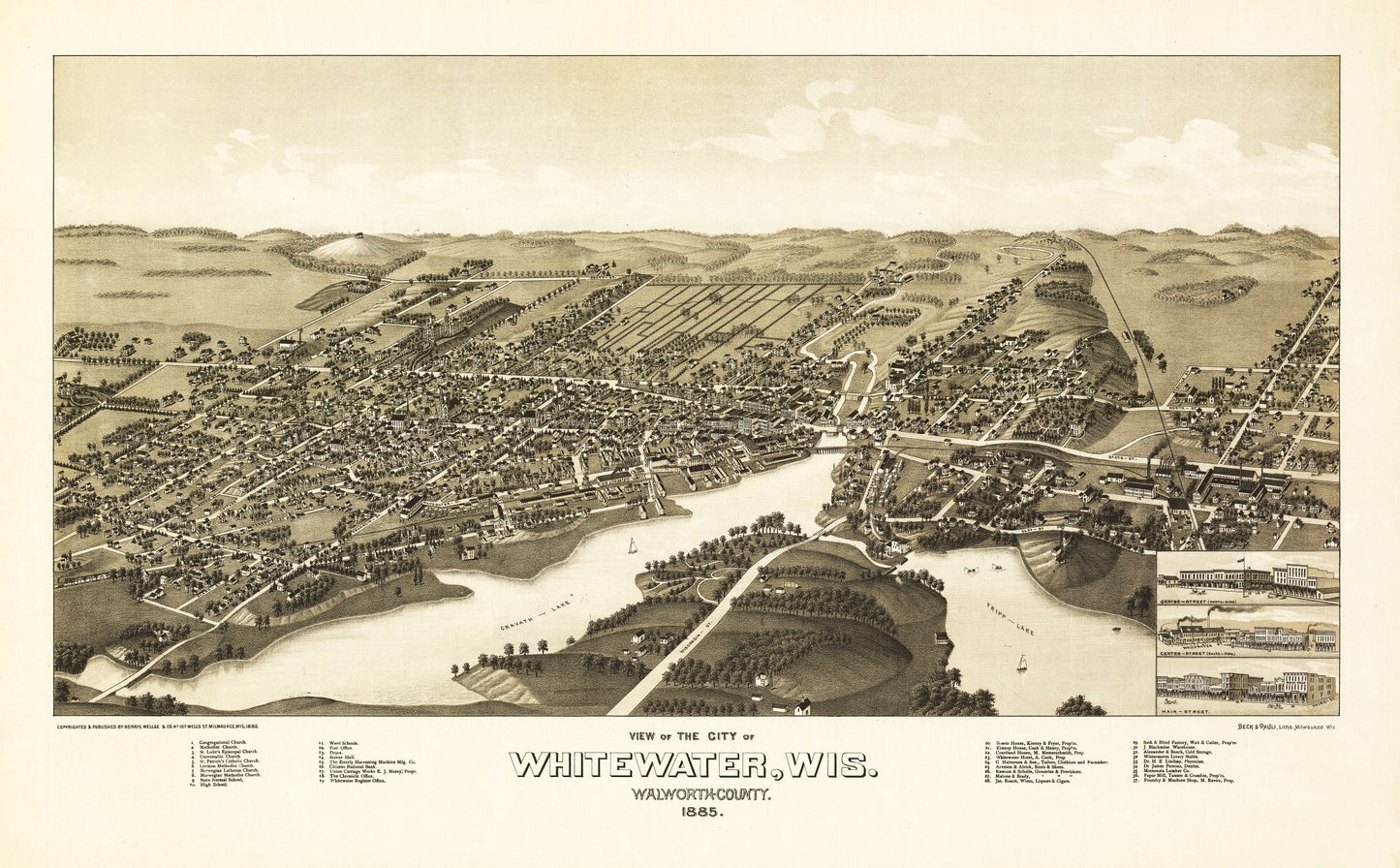 Historic Panoramic View - Whitewater Wisconsin - Norris 1855 - 37.11 x 23 - Vintage Wall Art
