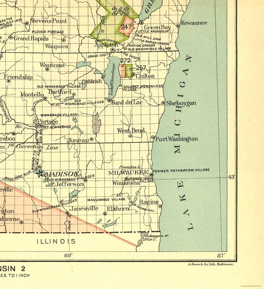 Historic State Map - Wisconsin - Hoen 1896 - 23 x 25.13 - Vintage Wall Art