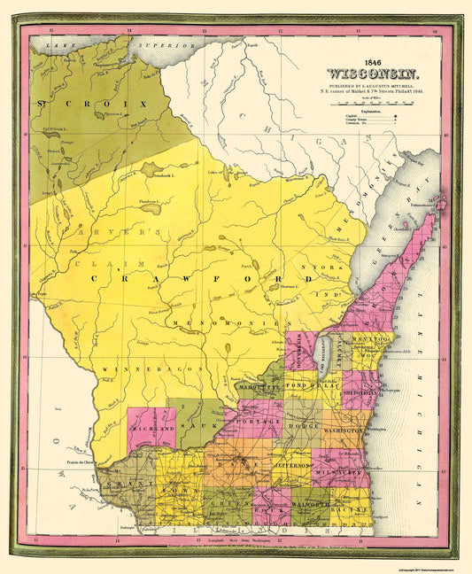 Historic State Map - Wisconsin Territory - Mitchell 1846 - 23 x 28 - Vintage Wall Art