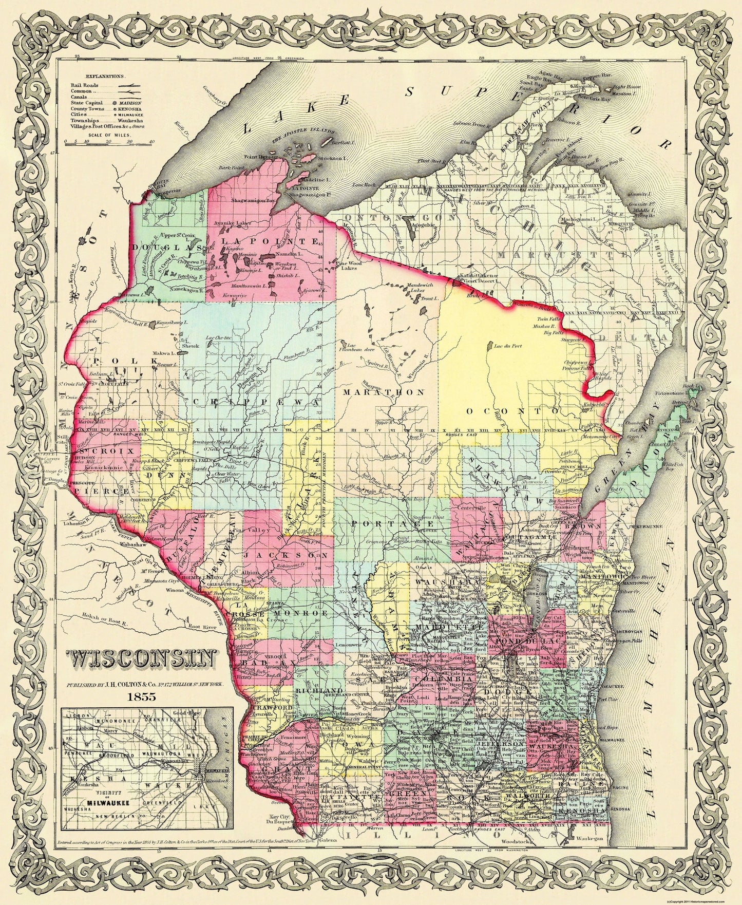 Historic State Map - Wisconsin - Colton 1855 - 23 x 28.06 - Vintage Wall Art